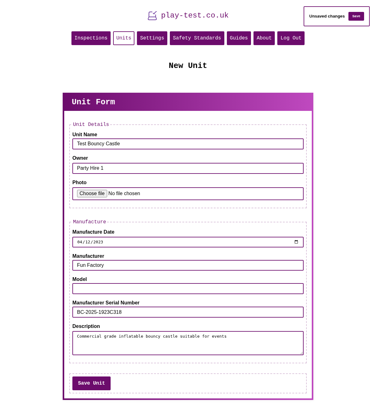 Create Unit Form - Filled