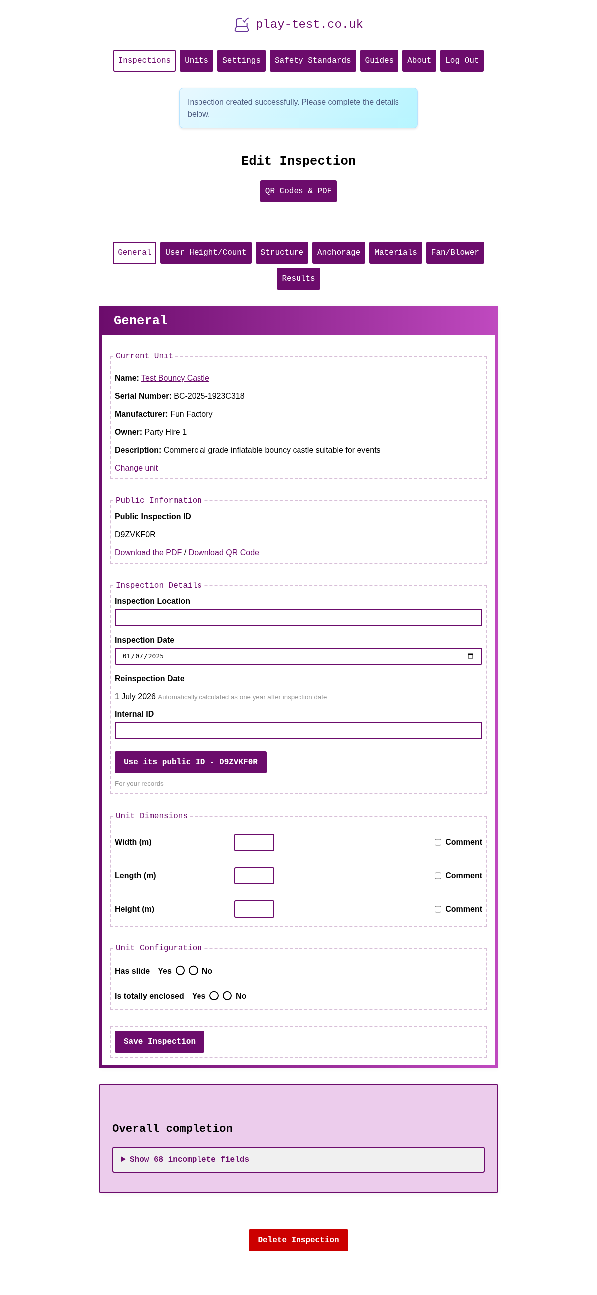 New Inspection - Basic Details