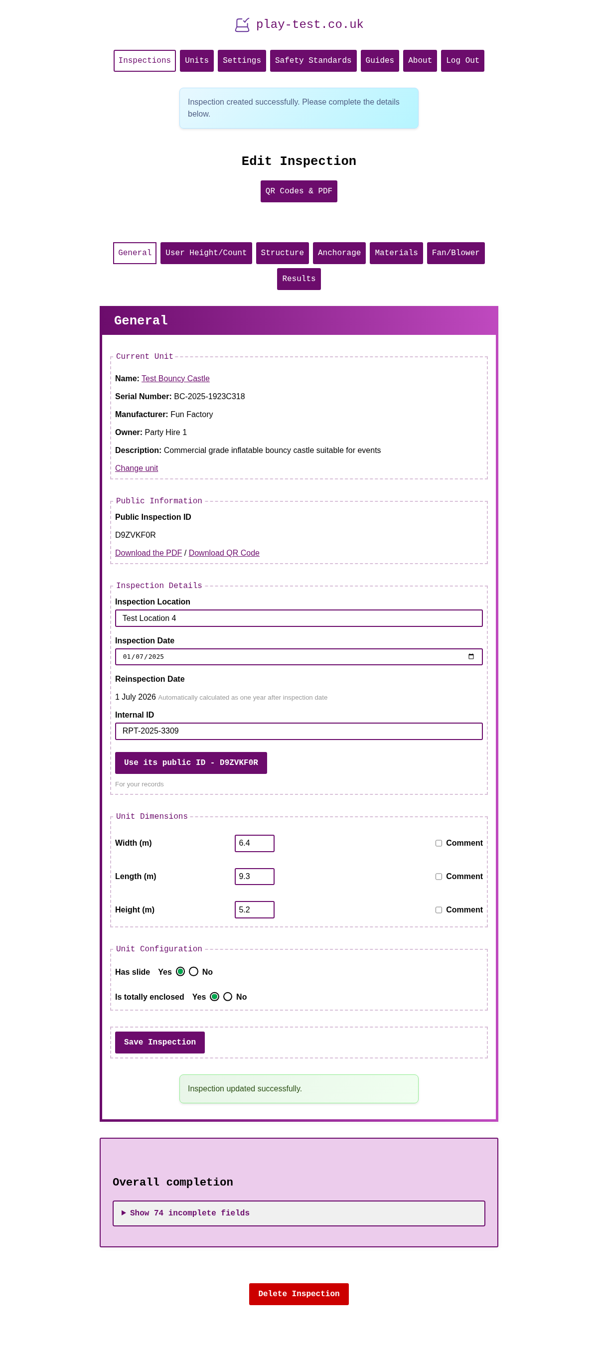 Inspection Summary - Incomplete