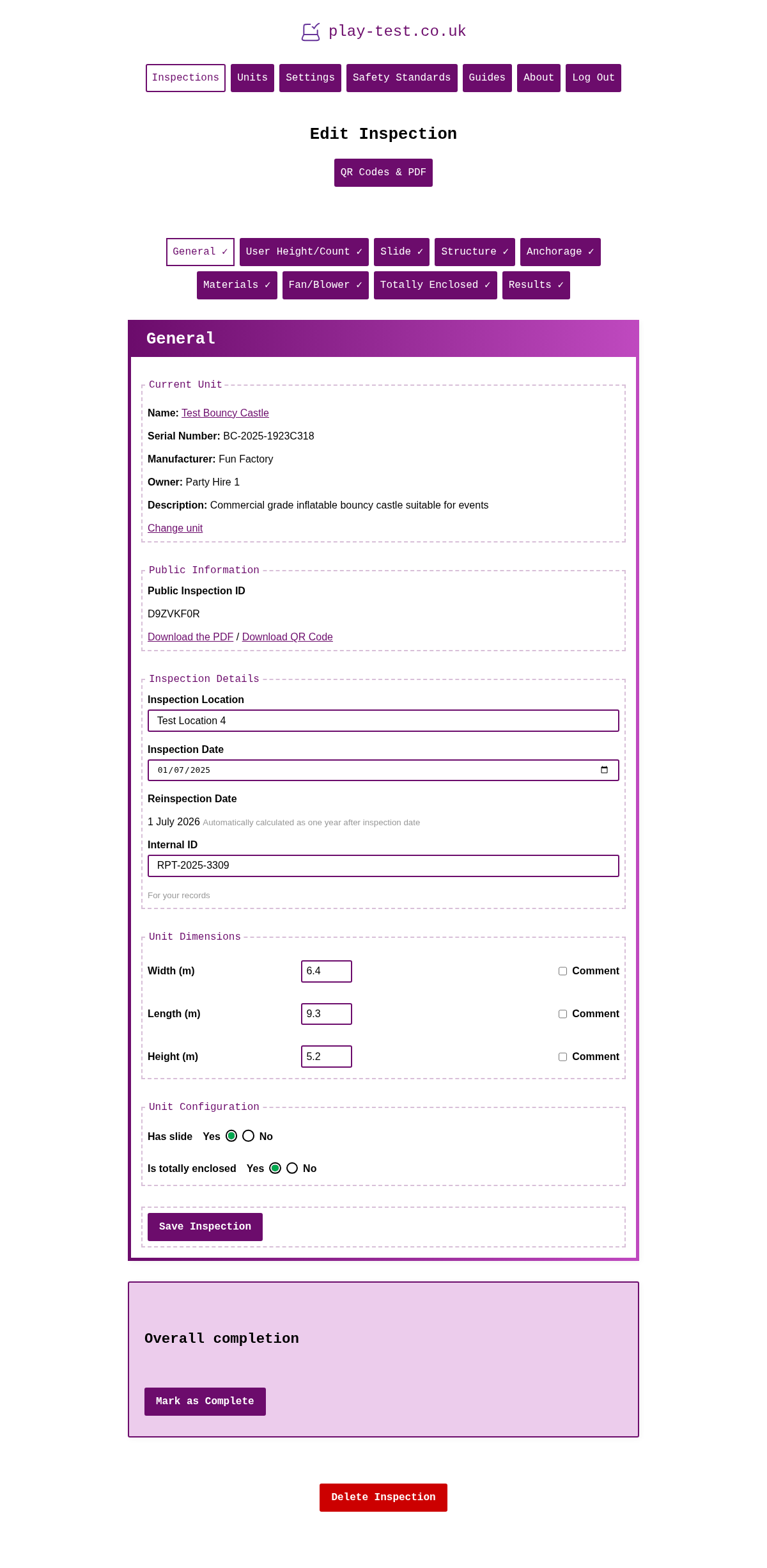 Inspection Summary - All Complete